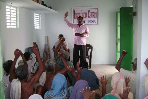 Prasad speaking at first service in Palem leprosy church.