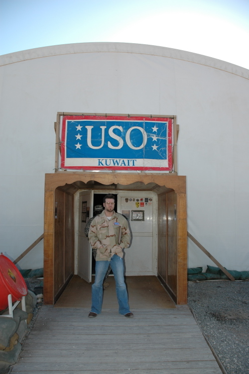 Scotty outside the USO facility at Camp Virginia, Kuwait.